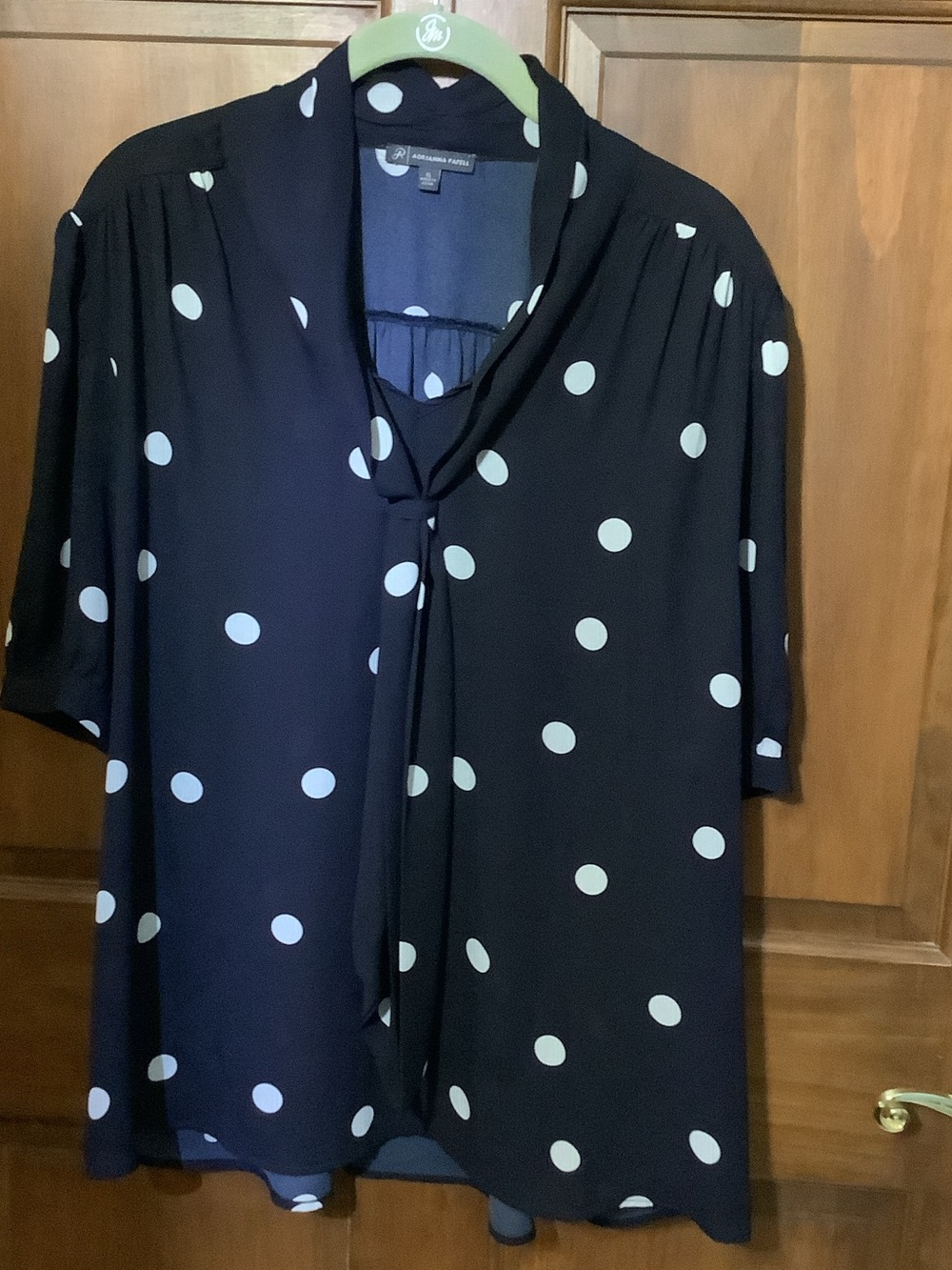 Adrianna Papell Dark Navy and White Polka Dot Tie-Neck Blouse